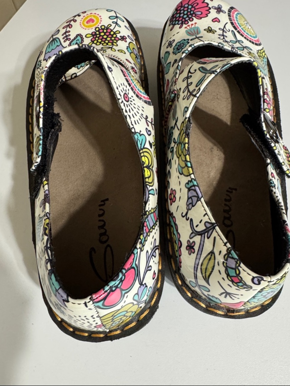 Savvy JANE Floral Mary Jane Shoes in White Pink Blue Velcro Slip Resistant - Picture 7 of 11
